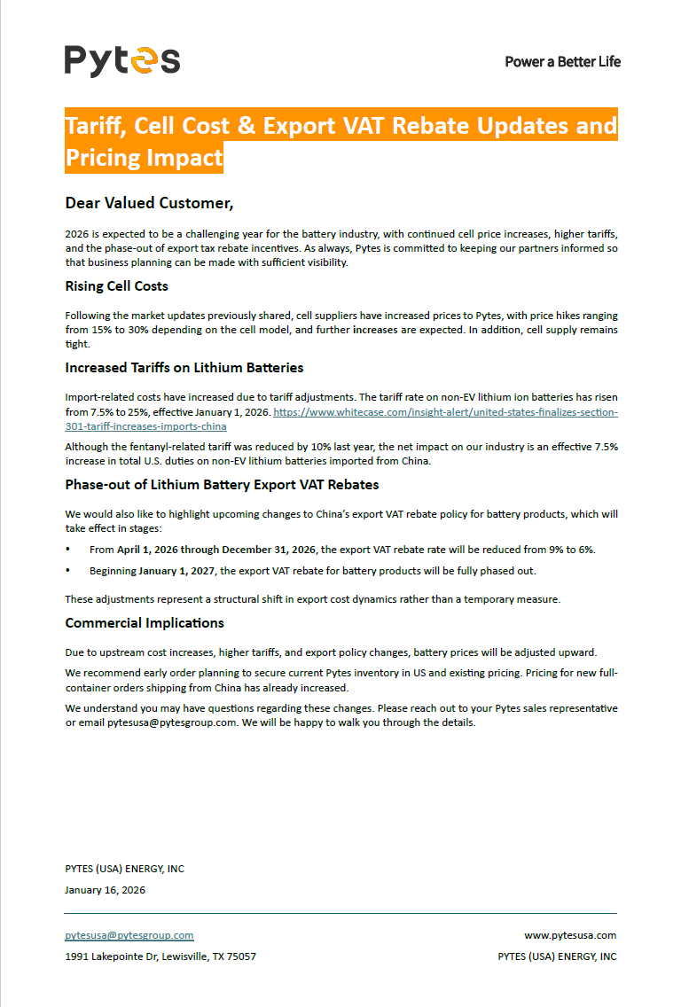 ​Tariff, Cell Cost & Export VAT Rebate Updates and Pricing Impact